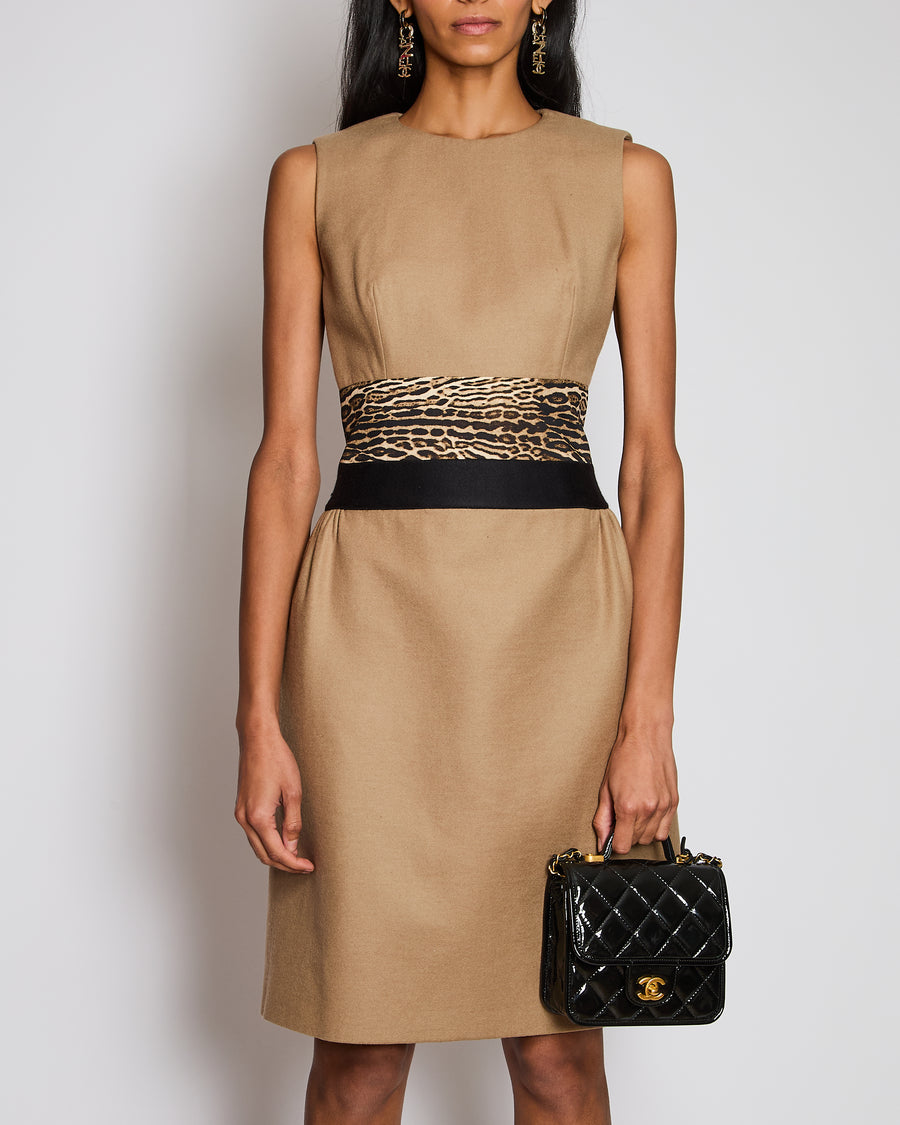 Giambattista Valli Camel Halter-Neck Midi Dress with Leopard Print Waist Detail IT 42 (UK 10)