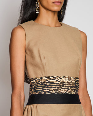 Giambattista Valli Camel Halter-Neck Midi Dress with Leopard Print Waist Detail IT 42 (UK 10)