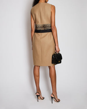 Giambattista Valli Camel Halter-Neck Midi Dress with Leopard Print Waist Detail IT 42 (UK 10)