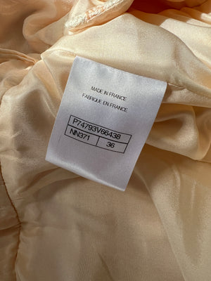 *RUNWAY* Chanel 23S Peach Cream Tweed Check V-Neck Jumpsuit with Patel Pink CC Button Size FR 36 (UK 8)