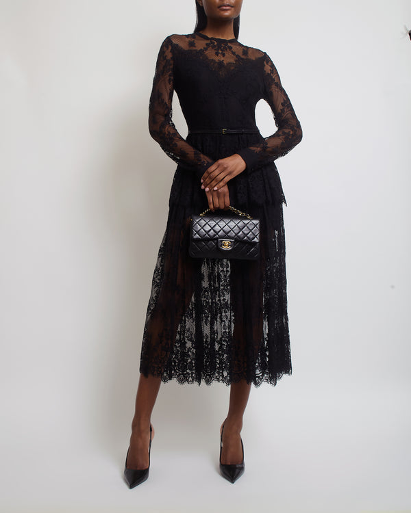 Elie Saab Black Lace Tiered Long Sleeve Belted Maxi Dress with Cuff Detail FR 40 (UK 12)
