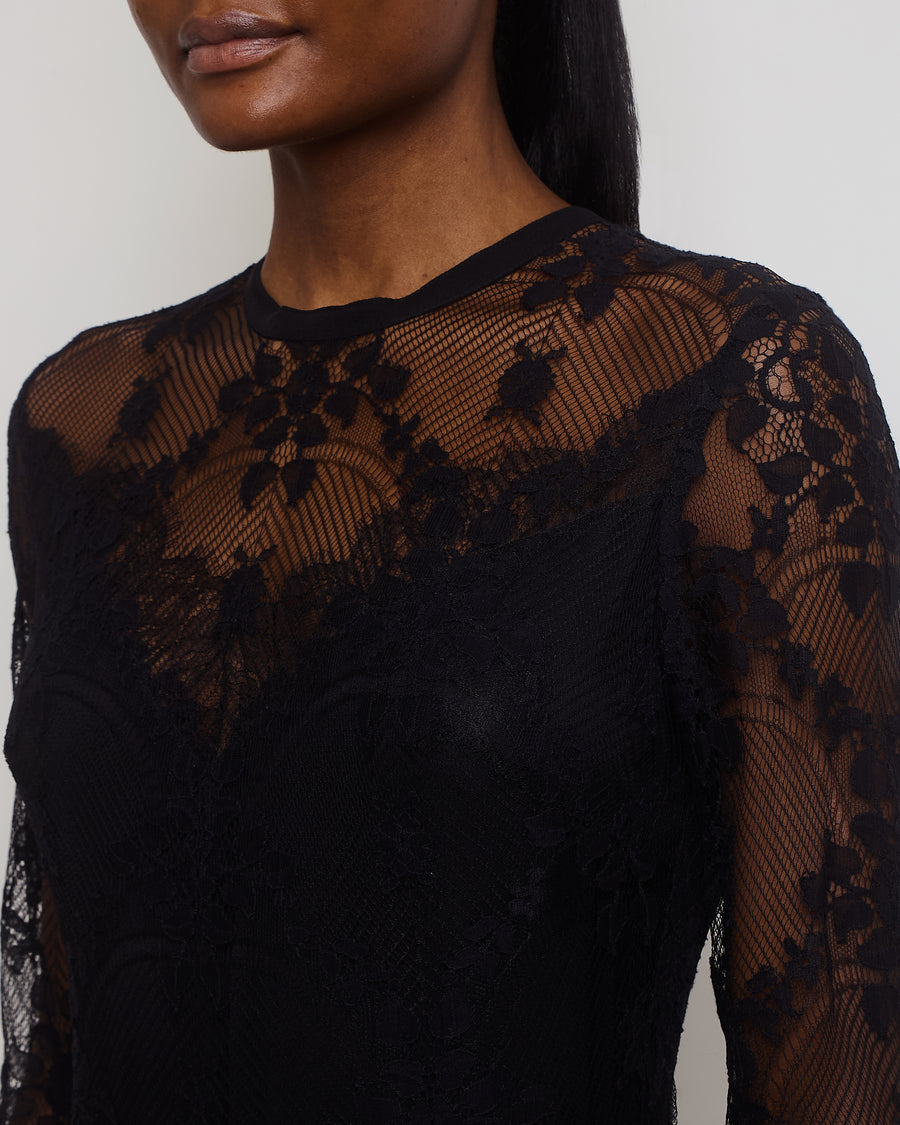 Elie Saab Black Lace Tiered Long Sleeve Belted Maxi Dress with Cuff Detail FR 40 (UK 12)