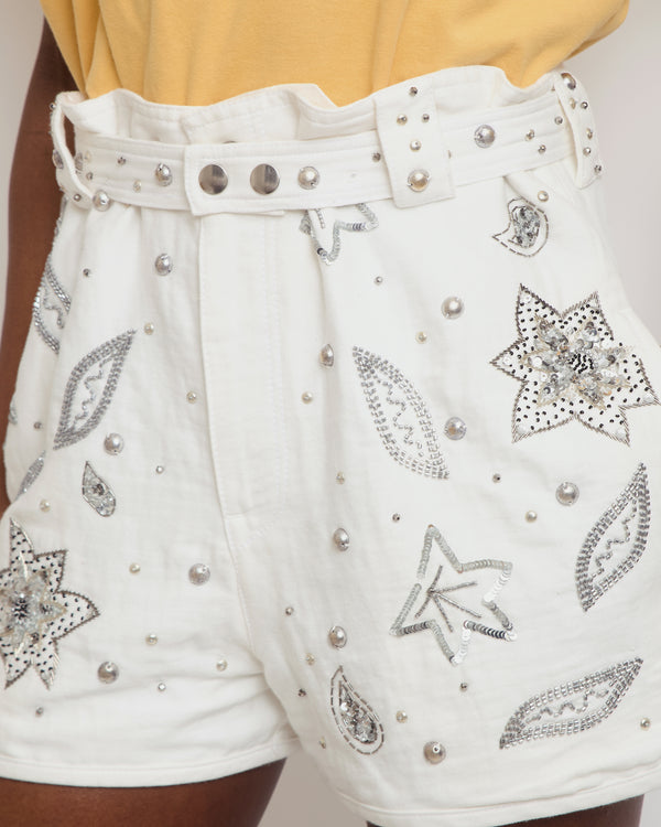 Isabel Marant White, Silver Floral Sequin Embellished Shorts with Belt FR 36 (UK 8)
