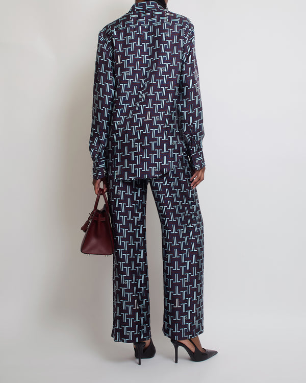 Lanvin Blue, Burgundy Silk Printed Shirt and Trouser Pjyama Set Size FR 38 (UK 10)