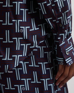 Lanvin Blue, Burgundy Silk Printed Shirt and Trouser Pjyama Set Size FR 38 (UK 10)