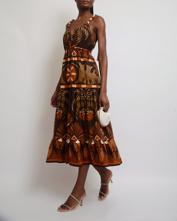 Johanna Ortiz Brown, Beige and Rust Tassel Abstract Print Midi Dress US 6 (UK 10)