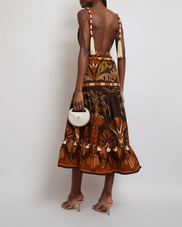 Johanna Ortiz Brown, Beige and Rust Tassel Abstract Print Midi Dress US 6 (UK 10)