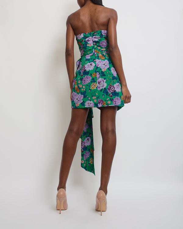 Alessandra Rich Green Floral Bandeau Mini Dress with Bow-Draped Detail Size IT 42 (UK 10)