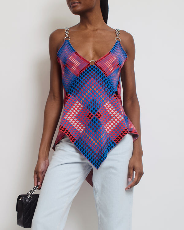 Paco Rabanne Blue, Red Check Chain Mail Draped Top Size M (UK 10)