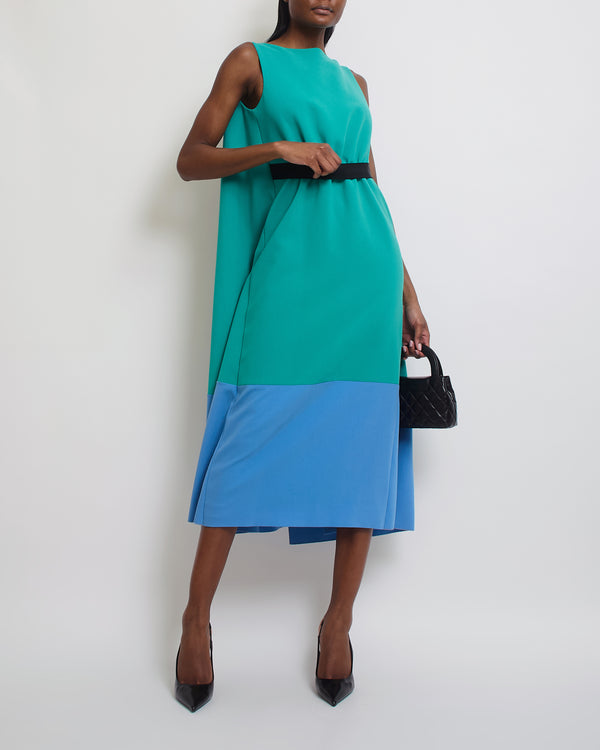 Roksanda Green, Blue Block Colour Midi Dress with Black Bow Detail Size UK 10