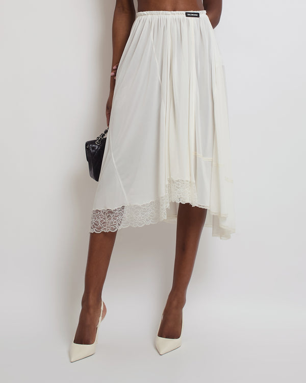 Balenciaga White Sheer Midi Skirt with Lace Detail Size FR 36 (UK 8)