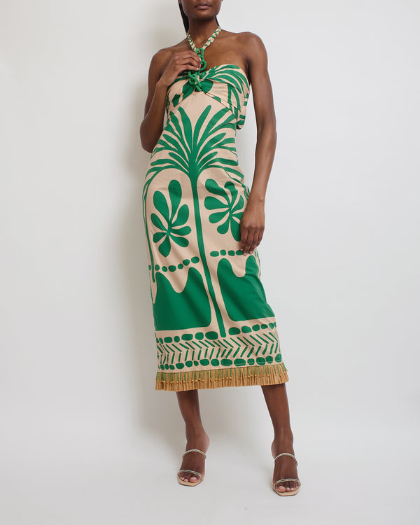 Johanna Ortiz Beige, Green Abstract Print Beaded Halter-Neck Fringe Dress Size US 6 (UK 10)