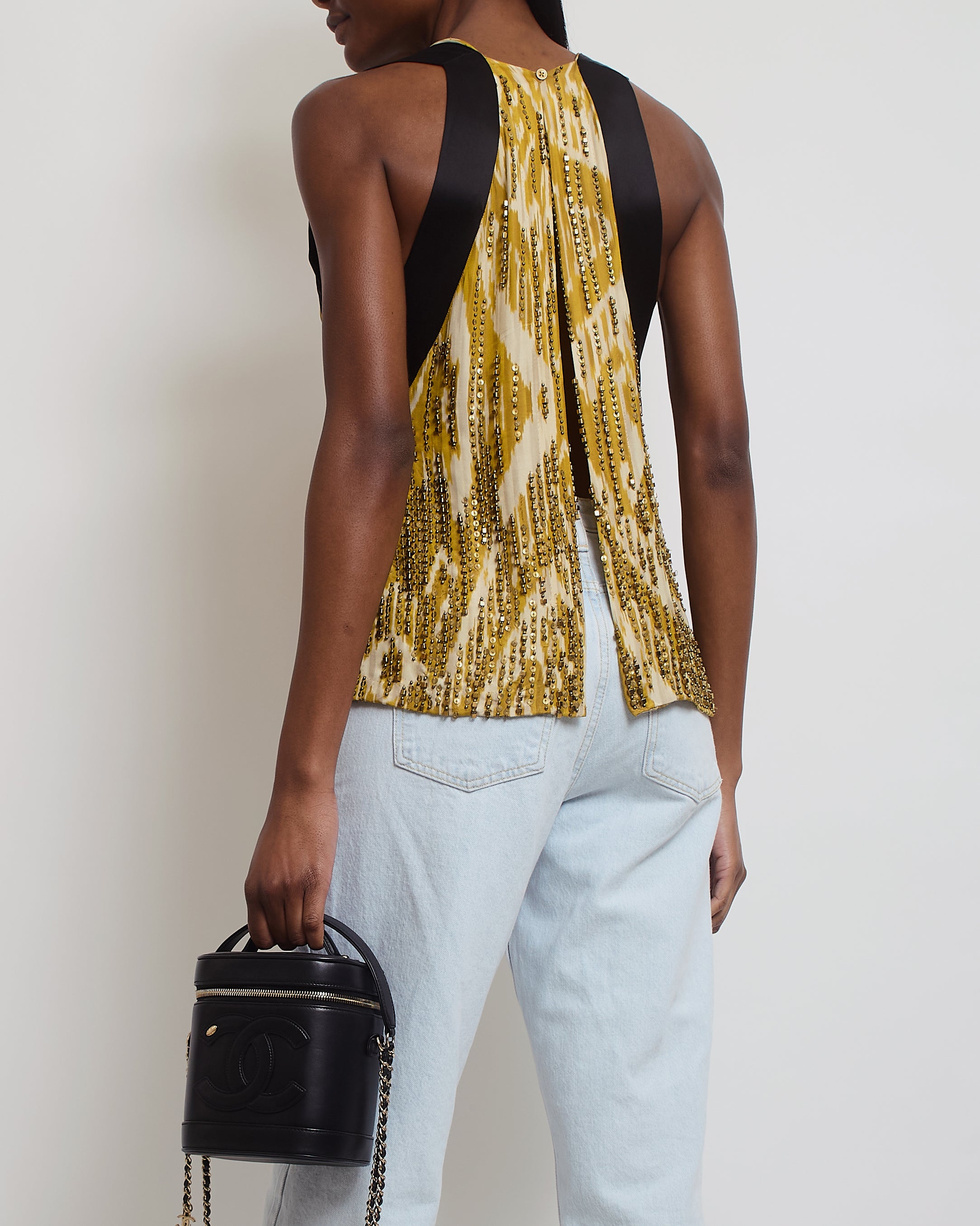 Dries Van Noten Yellow Abstract Vest with Sequin Bead Detail FR 38