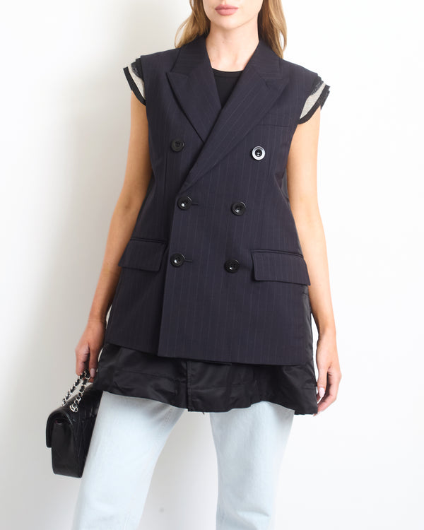 Sacai Navy Pinstripe Twill Gilet with Panel Detailing FR 38 (UK 10)