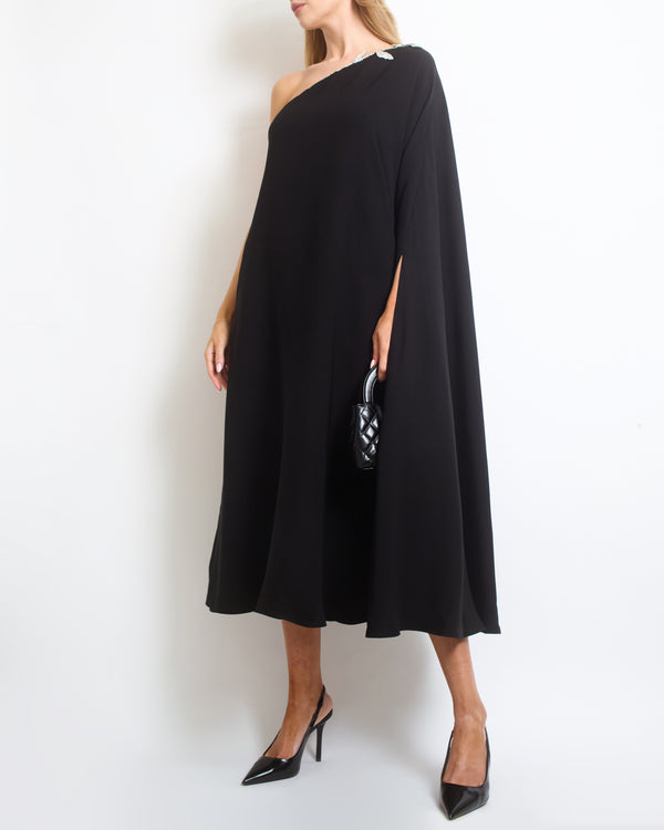 Valentino Garavani Black Embellished One-Shoulder Silk-Cady Dress IT 40 (UK 8)
