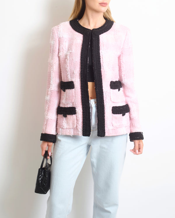 Chanel 22/C Pastel Pink Tweed Jacket with Crochet Trim Detail FR 42 (UK 14)