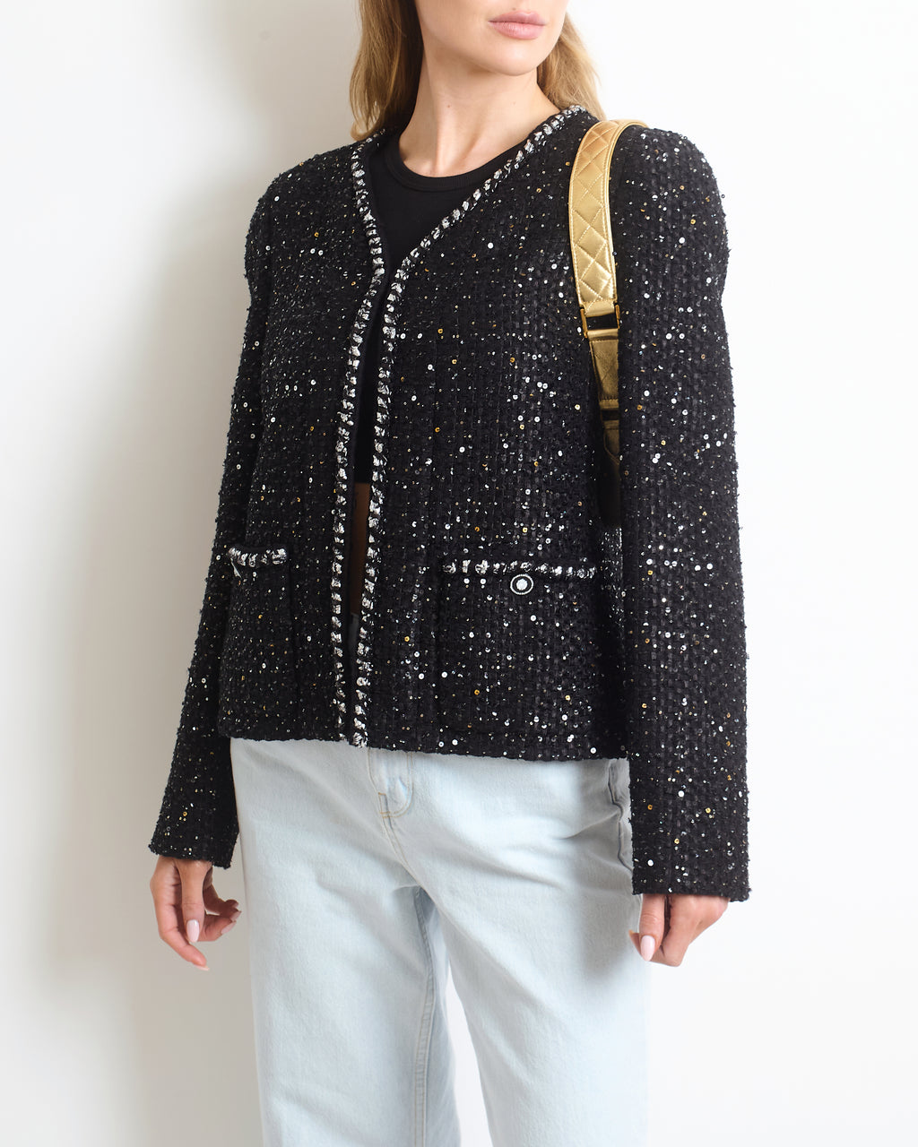 Chanel SS/2022 Black Sequin Jacket with Pocket Detail FR 44