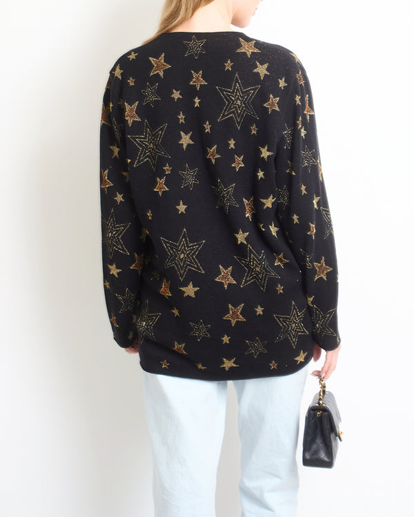 Saint Laurent Black Over-Sized Cardigan with Gold Star Details Size M (UK 12)