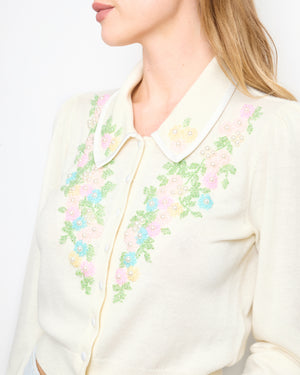 LoveShackFancy Cream Floral Embroidered Button Down Cardigan FR 36 (UK 8)
