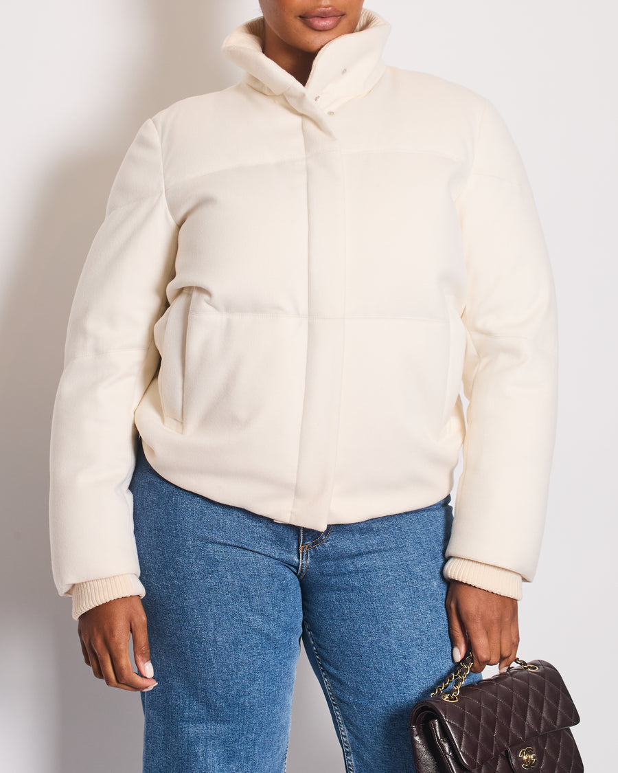 Loro Piana Cream Cashmere Puffer Down Jacket with Cuffed Sleeves Details Size IT 44 (UK 12) RRP 4200£