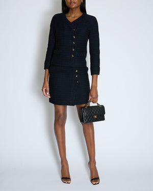 Chanel Black and Navy Tweed Jacket and Mini Skirt Set with Black and Silver Button Detail Size FR 34 (UK 6)