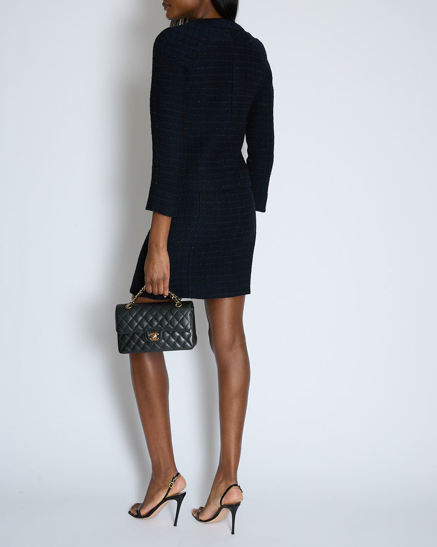 Chanel Black and Navy Tweed Jacket and Mini Skirt Set with Black and Silver Button Detail Size FR 34 (UK 6)