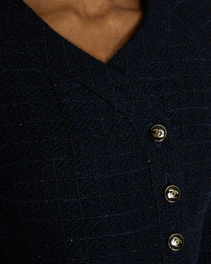 Chanel Black and Navy Tweed Jacket and Mini Skirt Set with Black and Silver Button Detail Size FR 34 (UK 6)