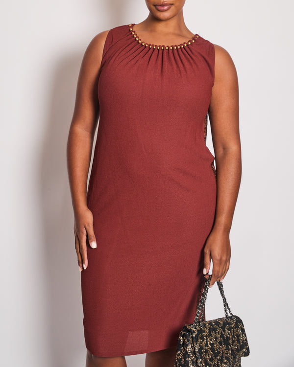 Gucci Vintage Rust Brown Sleeveless Midi Dress With Gold Beaded Neckline Detail Size Large UK 12