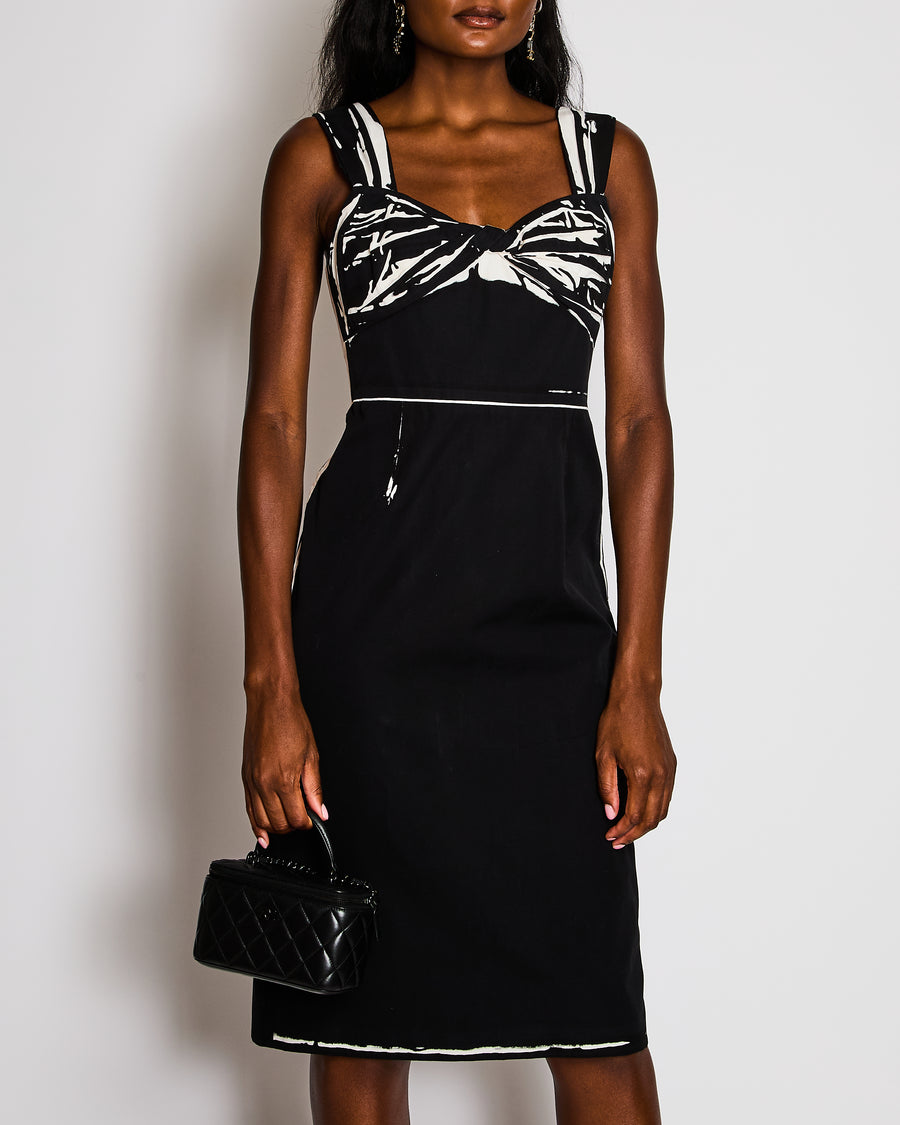 Prada Black Midi Sleeveless Dress with White Print Details Size IT 40 (UK 8)