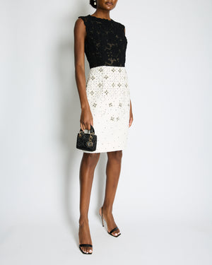 Oscar De La Renta Black and White Embellished Tweed Midi Dress Size US 8 (UK 12)