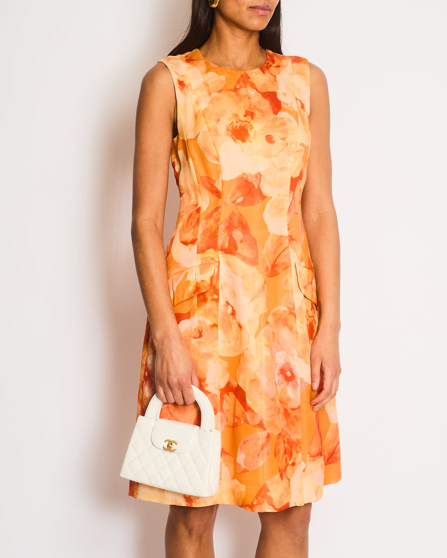 Christian Dior Orange Silk Floral Aquarelle Sleeveless Dress Size FR 40 (UK 12)