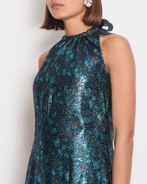 Prada Blue & Green Metallic Sleeveless Midi Dress with Floral Prints Size IT 40 (UK 8)