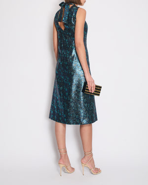 Prada Blue & Green Metallic Sleeveless Midi Dress with Floral Prints Size IT 40 (UK 8)