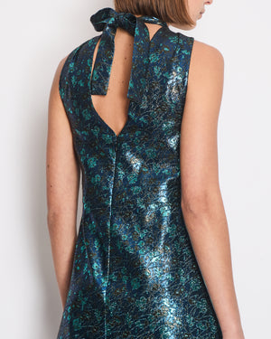 Prada Blue & Green Metallic Sleeveless Midi Dress with Floral Prints Size IT 40 (UK 8)