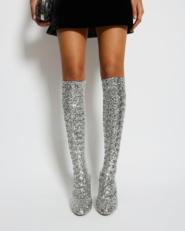 Dolce & Gabbana Silver Sequin Over The Knee Boots With Block Heel Size EU 39.5