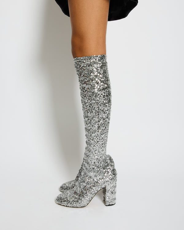 Dolce & Gabbana Silver Sequin Over The Knee Boots With Block Heel Size EU 39.5