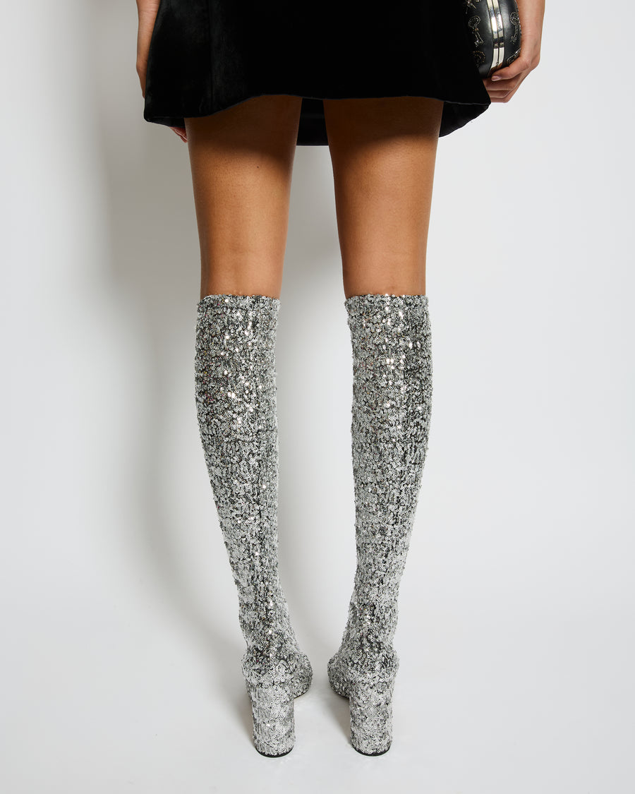 Dolce & Gabbana Silver Sequin Over The Knee Boots With Block Heel Size EU 39.5