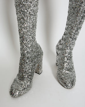 Dolce & Gabbana Silver Sequin Over The Knee Boots With Block Heel Size EU 39.5