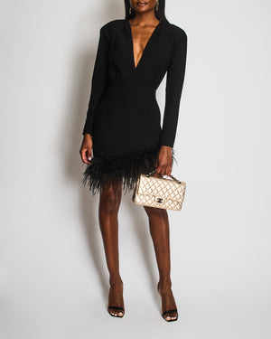 New Arrivals Black Long Sleeve V-Neck Mini Dress With Shoulder Pads and Feather Hem FR 40 (UK 12)