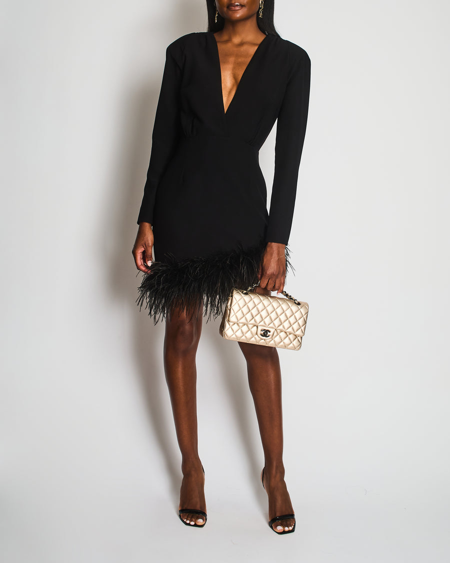 New Arrivals Black Long Sleeve V-Neck Mini Dress With Shoulder Pads and Feather Hem FR 40 (UK 12)