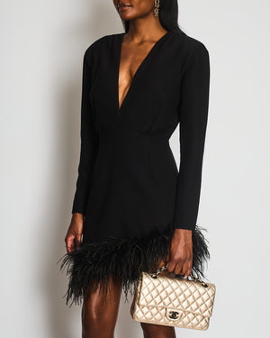 New Arrivals Black Long Sleeve V-Neck Mini Dress With Shoulder Pads and Feather Hem FR 40 (UK 12)