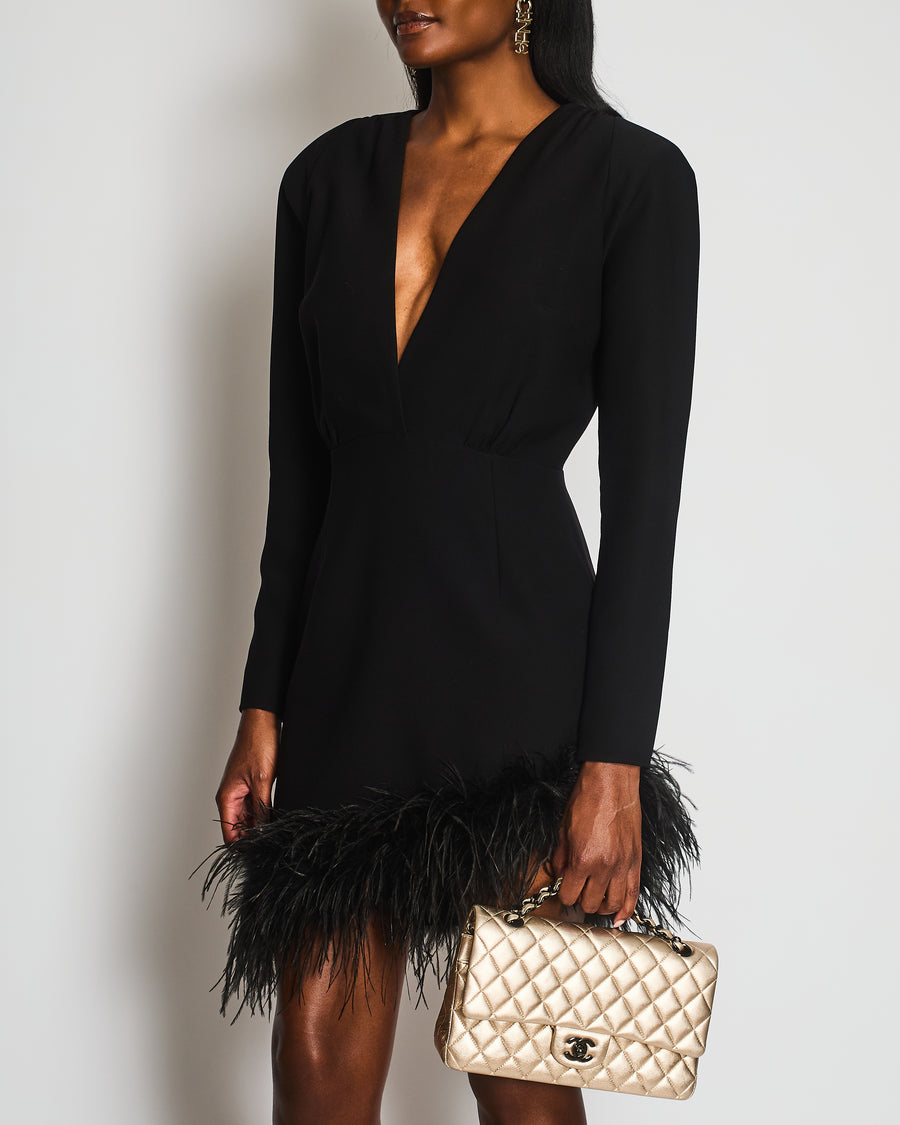New Arrivals Black Long Sleeve V-Neck Mini Dress With Shoulder Pads and Feather Hem FR 40 (UK 12)