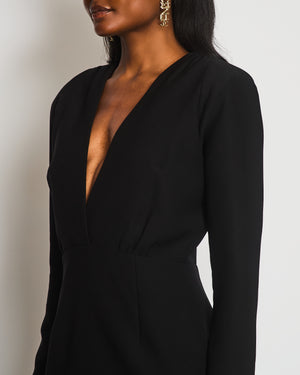New Arrivals Black Long Sleeve V-Neck Mini Dress With Shoulder Pads and Feather Hem FR 40 (UK 12)