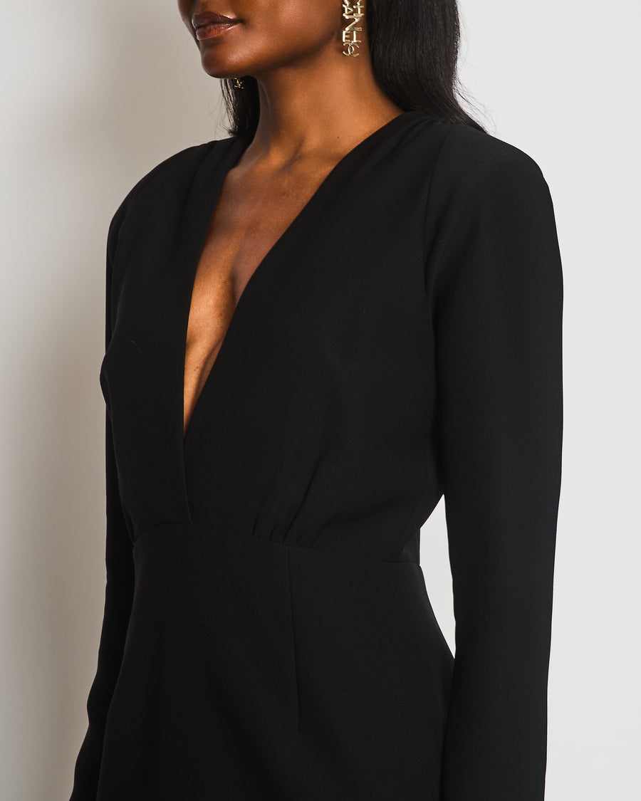 New Arrivals Black Long Sleeve V-Neck Mini Dress With Shoulder Pads and Feather Hem FR 40 (UK 12)