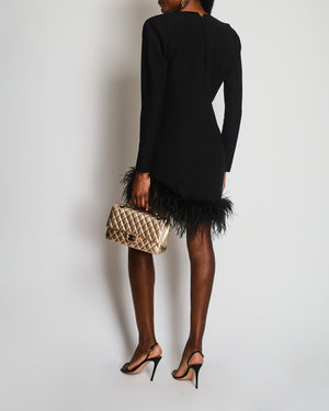New Arrivals Black Long Sleeve V-Neck Mini Dress With Shoulder Pads and Feather Hem FR 40 (UK 12)