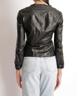 Gucci Black Leather Jacket with Ruffled Collar Detail and Gold Zipper Size IT 38 (UK 6)
