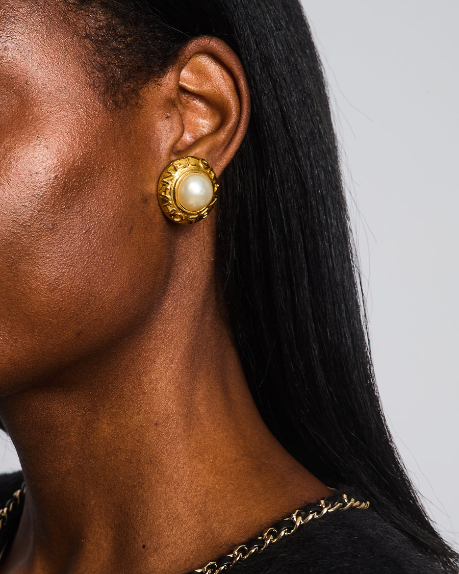 Chanel Vintage Gold Round Logo with Pearl Clip-On Earrings