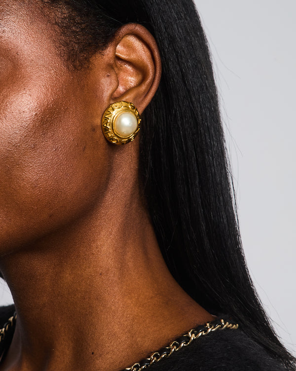 Chanel Vintage Gold Round Logo with Pearl Clip-On Earrings