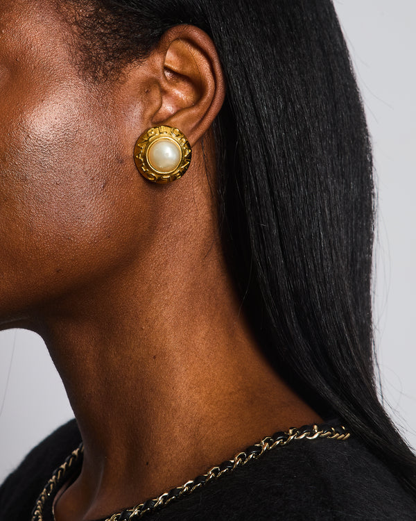 Chanel Vintage Gold Round Logo with Pearl Clip-On Earrings