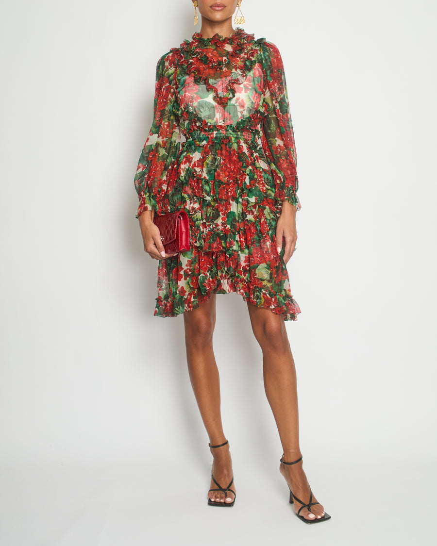 Dolce & Gabbana Red Floral Silk Ruffle Long-Sleeve Mini Dress Size IT 40 (UK 8)